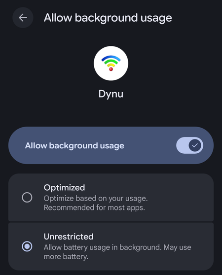 Dynu IP Update Client Android Allow Background Usage