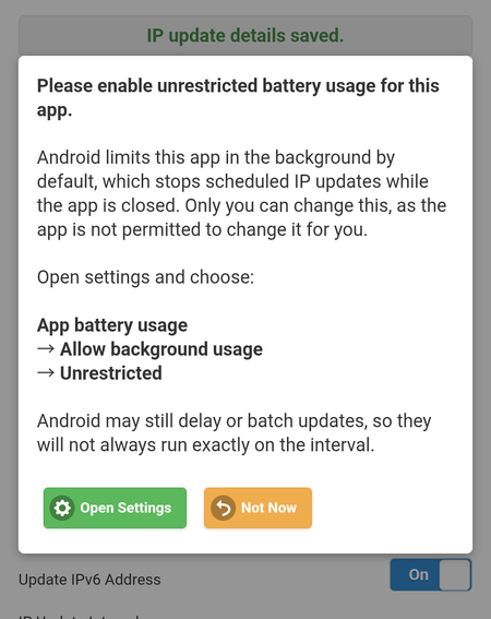 Dynu IP Update Client Android Battery Usage Prompt