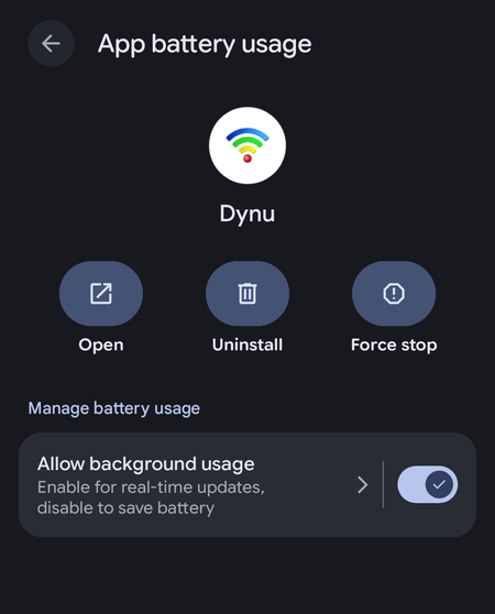 Dynu IP Update Client Android App Battery Usage
