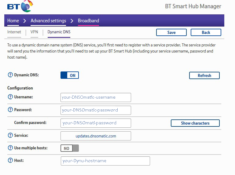 BT Smart Hub Dynu Dynamic DNS