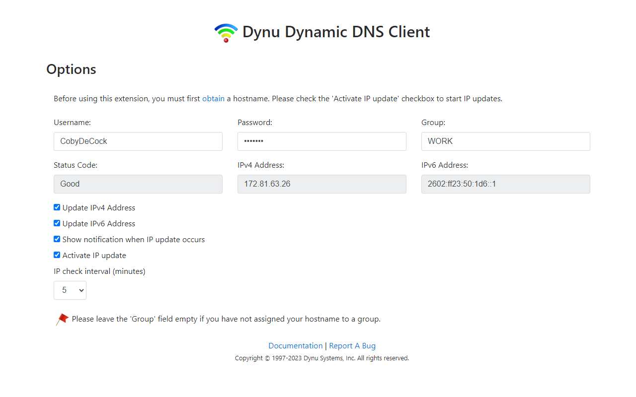 Actividad del cliente de actualización de Dynu IP