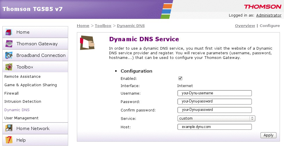 ThomsonTG585v7 Dynu Dynamic DNS