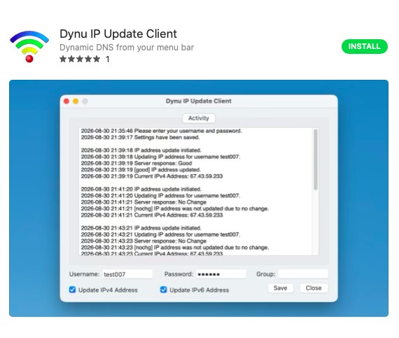 Dynu IP Update Client Install button in the Mac App Store