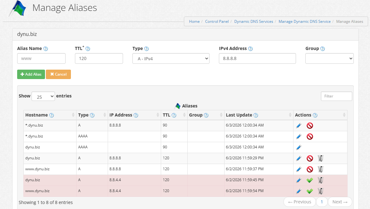 Manage Aliases - Primary and Backup A Records