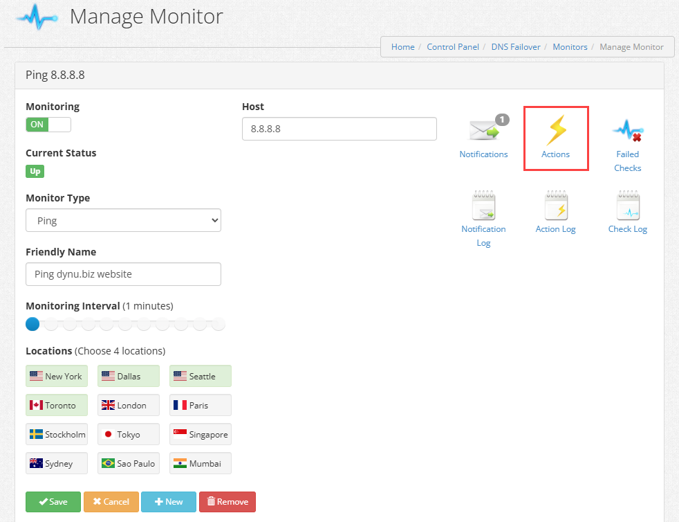 Manage Monitor Actions - Dynu DNS Failover