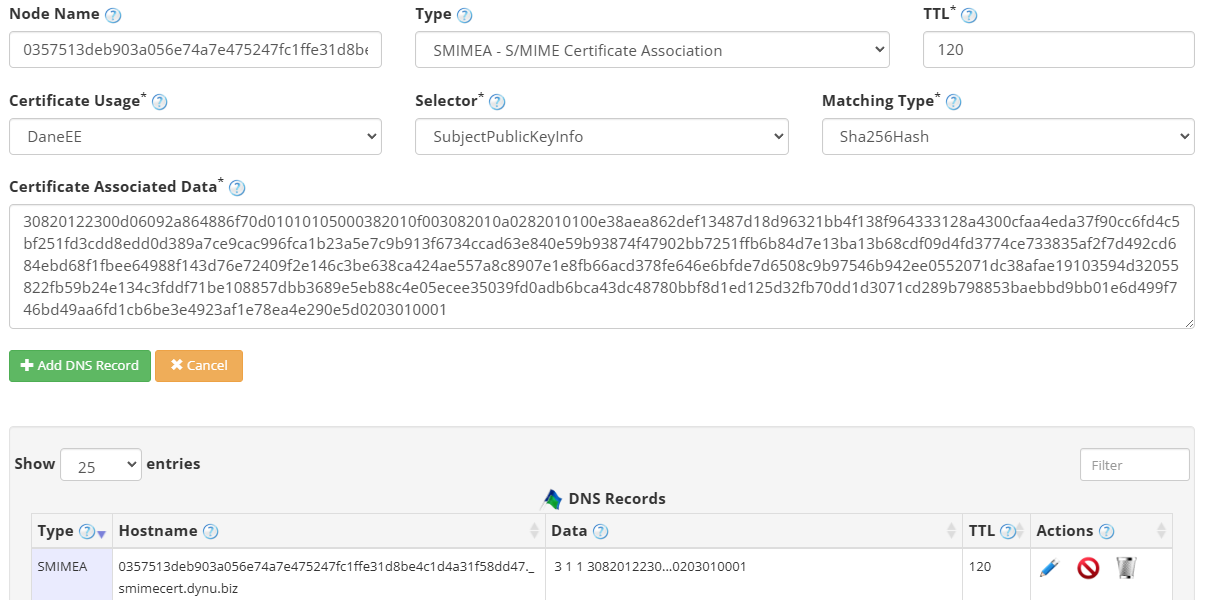 SMIMEA Record Dynu Dynamic DNS