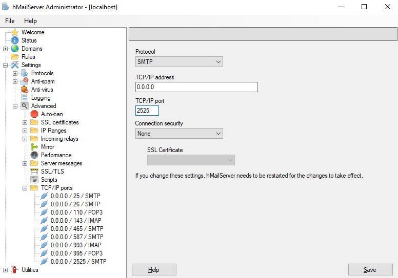 hMailServer alternate email server port