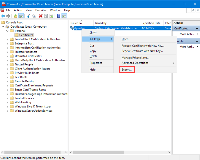 Find certificate and start export process