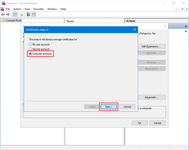 Add Certificates snap-in using Computer account