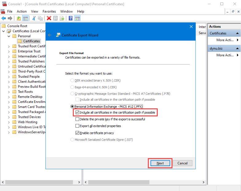 Choose certificate export file format