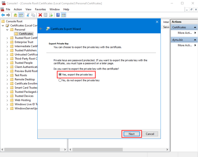 Export private key along with certificate