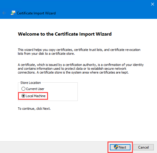 Install PFX using certificate import wizard