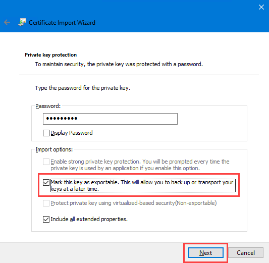 Private key protection when installing PFX