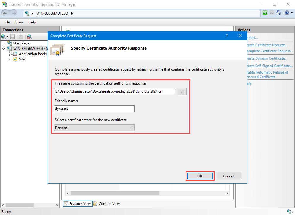 Specify certificate authority response